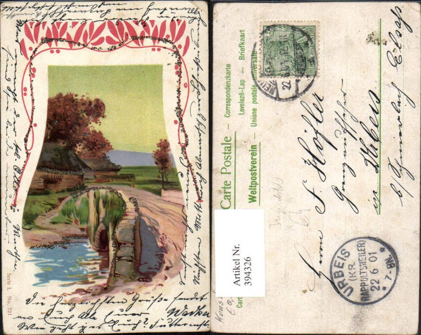 394326,Glitzer Künstler AK Jugendstil Landschaft Brücke