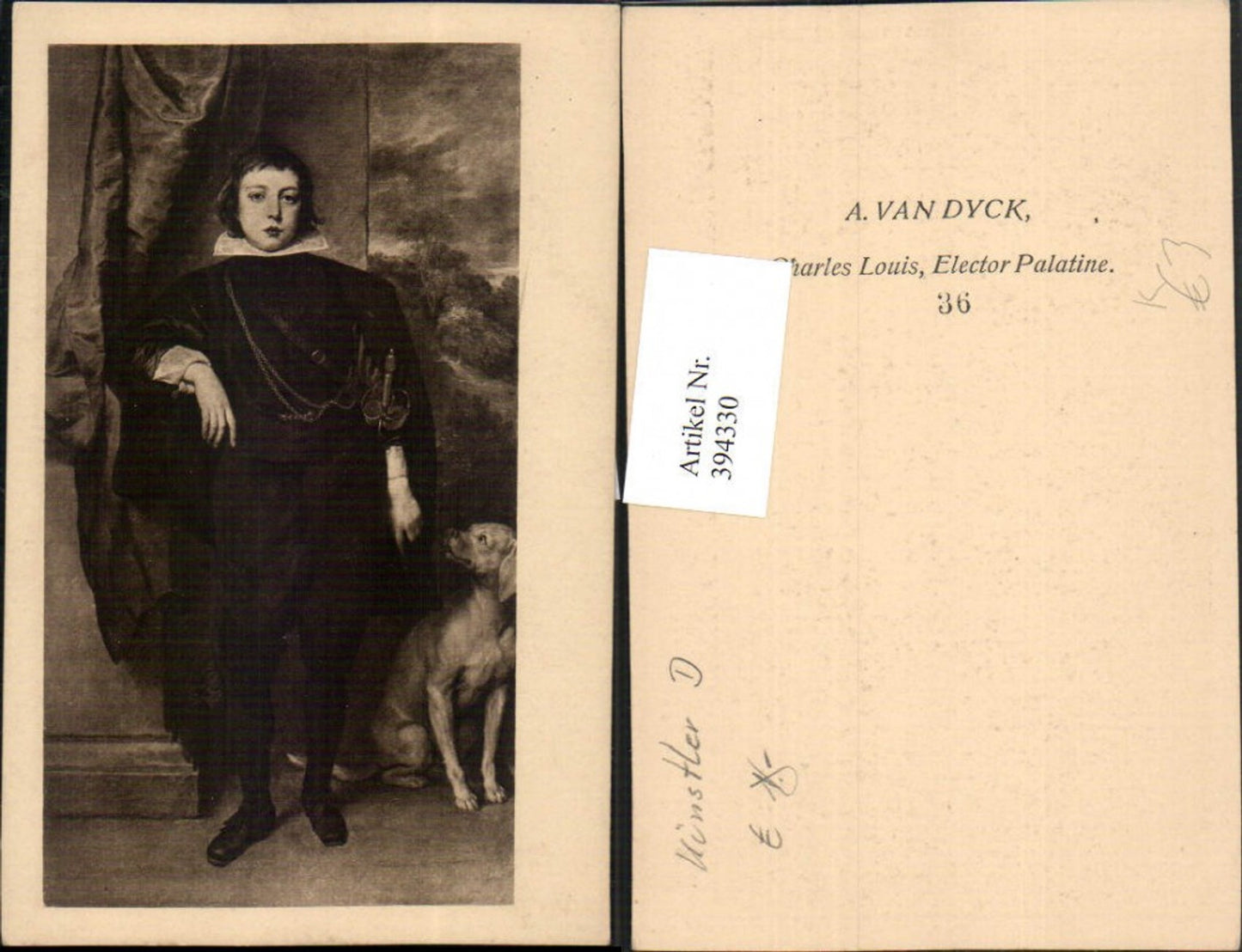 394330,Künstler AK A. Van Dyck Charles Louis Elector Palatine Portrait Hund