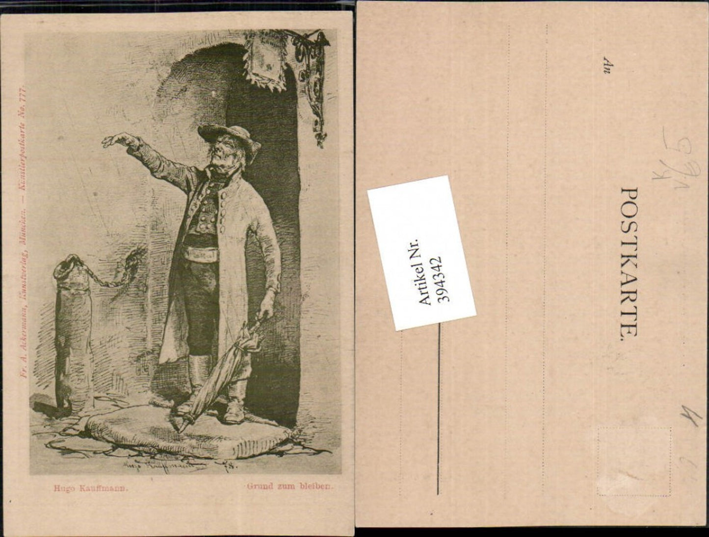 394342,Künstler AK Hugo Kauffmann Grund zum bleiben Mann m. Schirm pub Ackermann 777