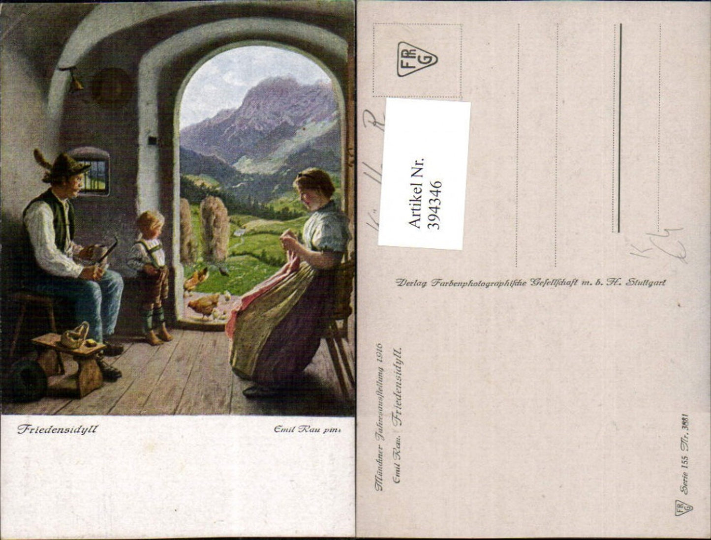394346,Künstler AK Emil Rau Friedensidyll Familie Tracht Pfeife Stricken Hühner