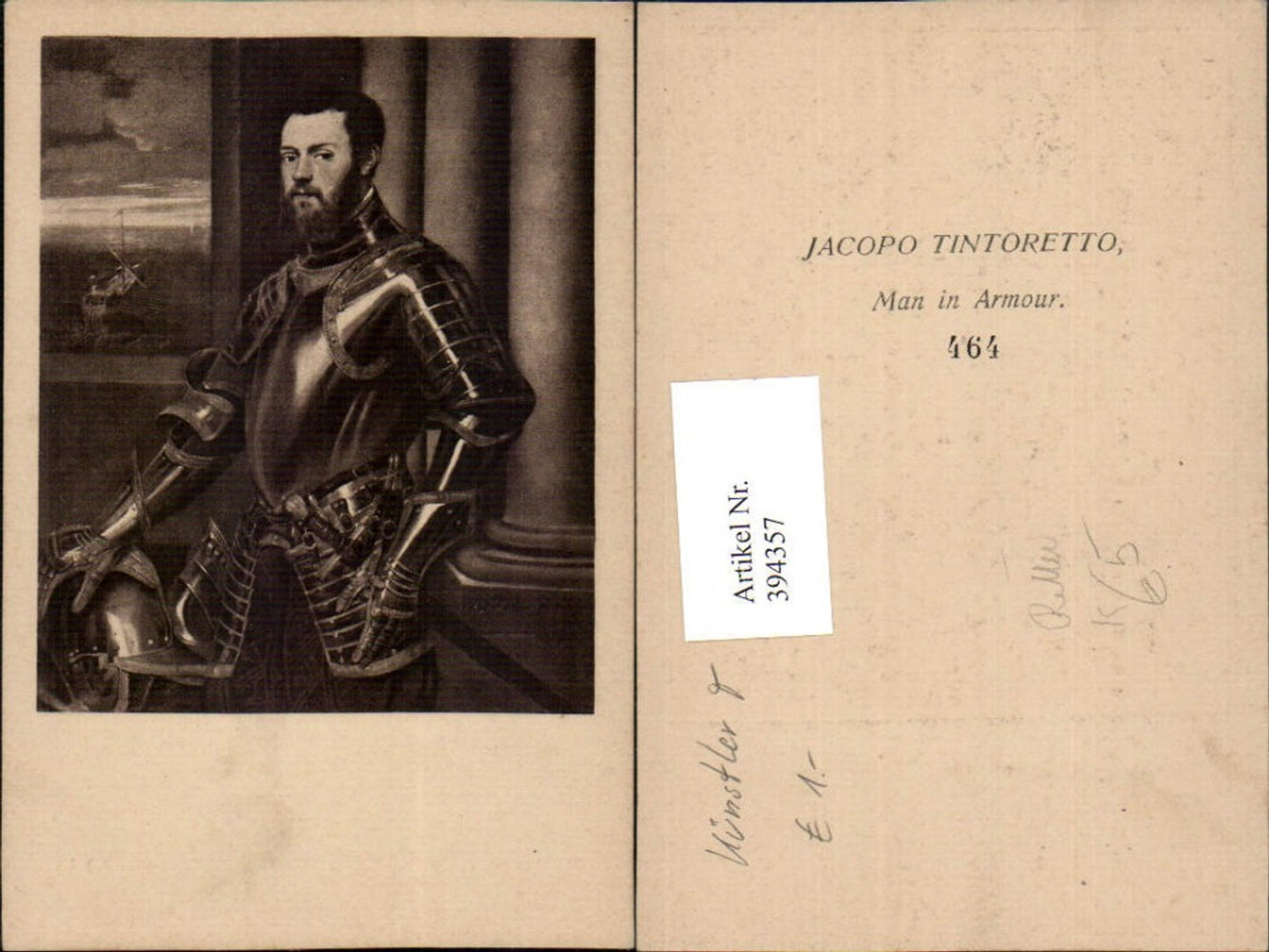 394357,Künstler AK Jacopo Tintoretto Man in Armour Ritter Rüstung