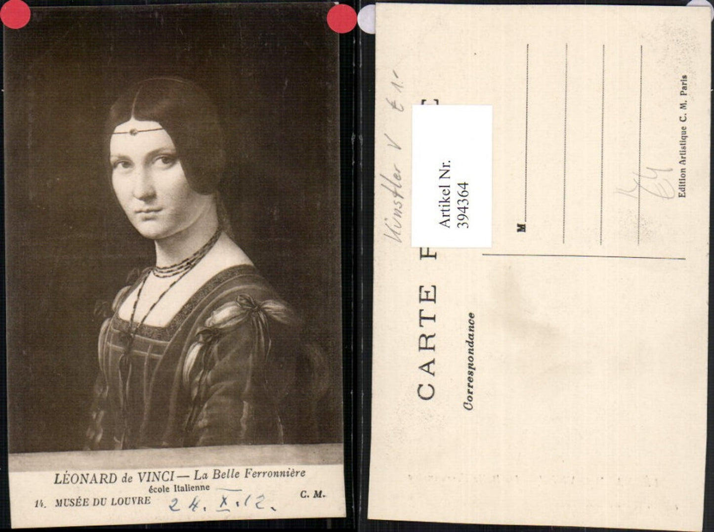 394364,Künstler AK Leonardo da Vinci La Belle Ferronniere Frau Portrait