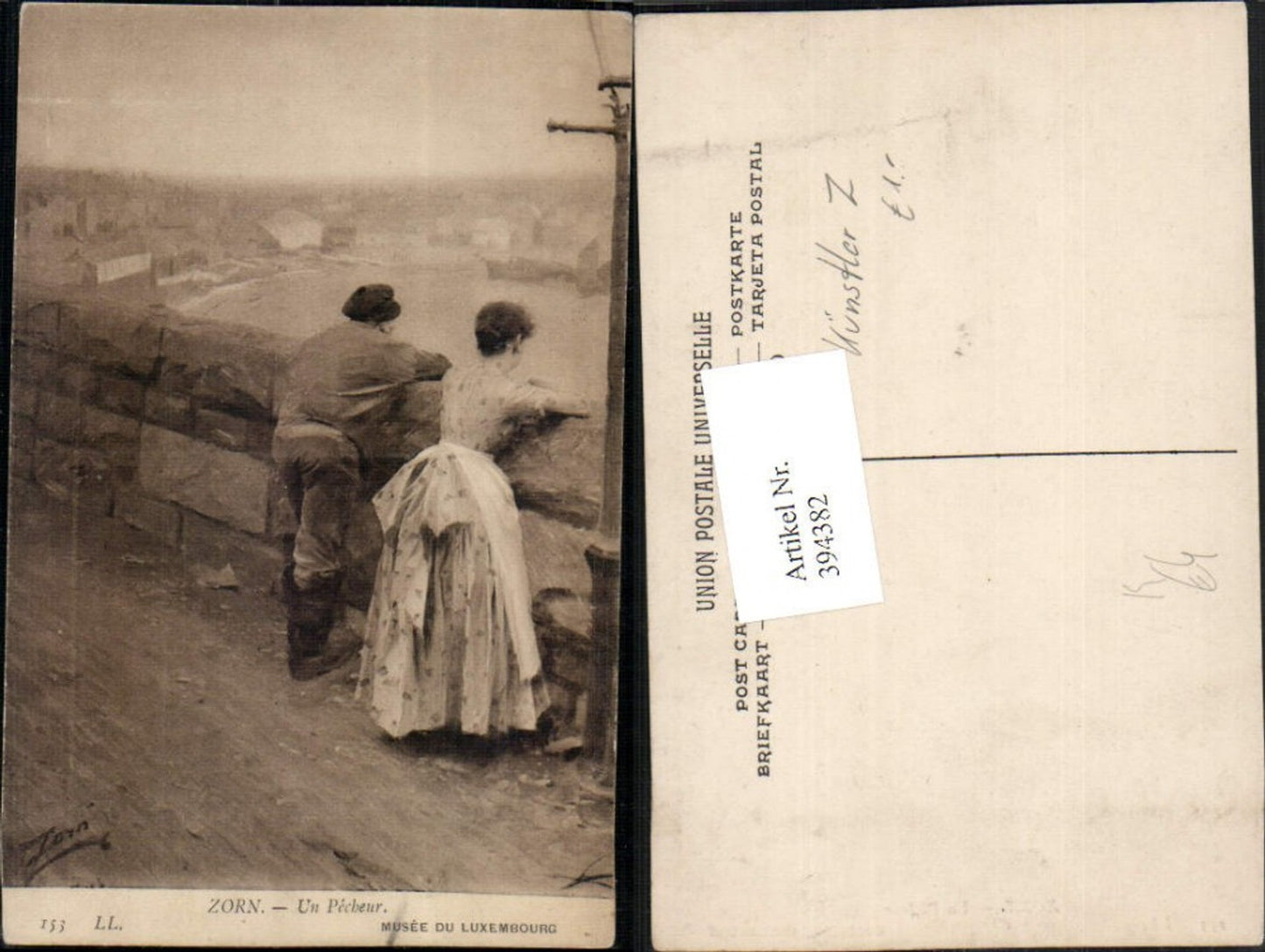 394382,Künstler AK Zorn Un Pecheur Steinmauer Paar Frau m. Kleid