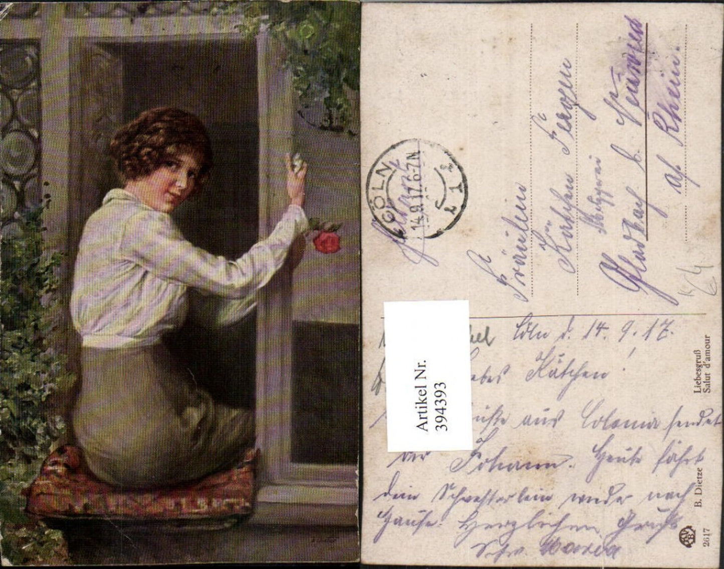 394393,Künstler AK B. Dietze Liebesgruß Frau im Fenster