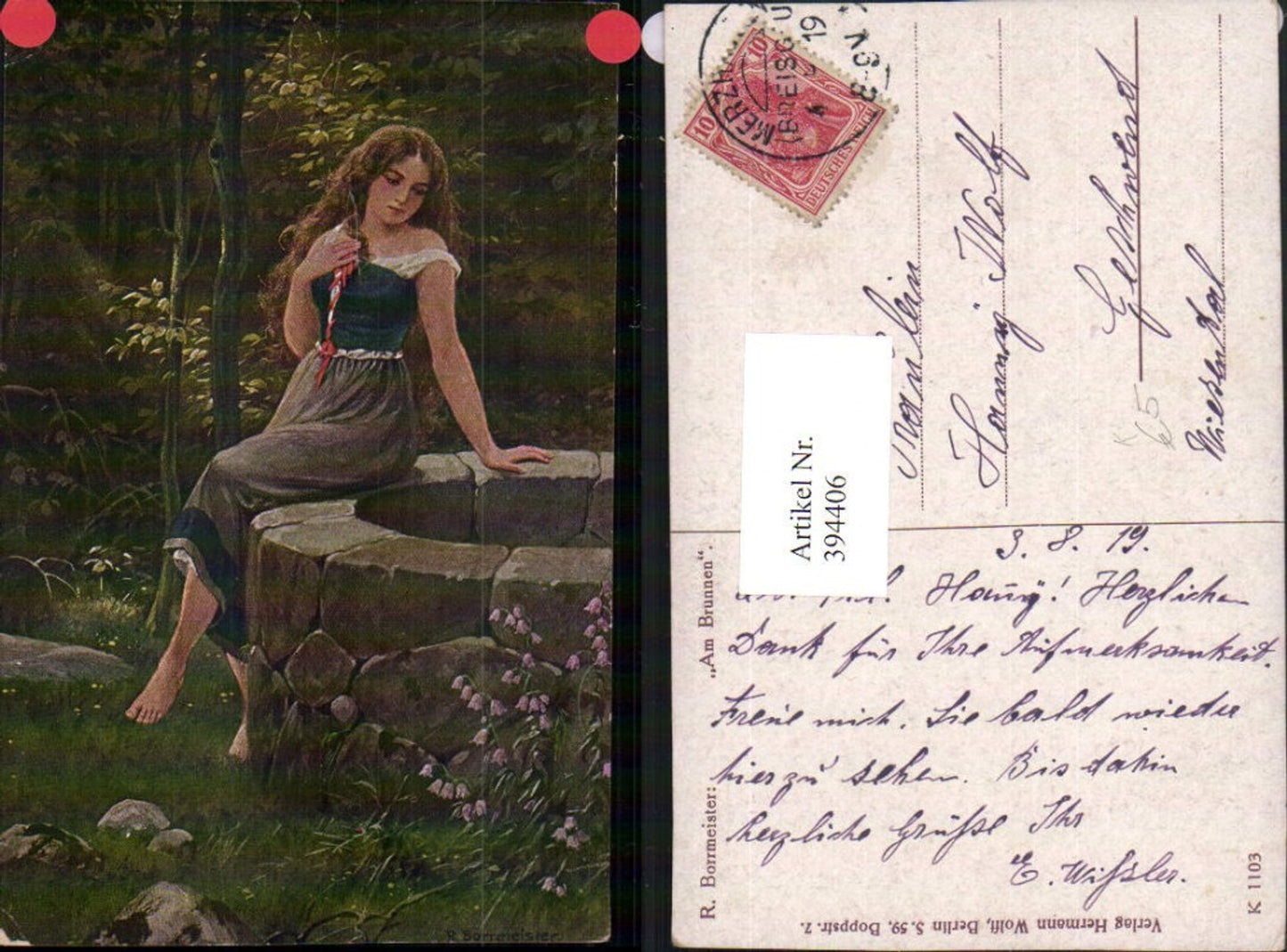 394406,Künstler AK R. Borrmeister Am Brunnen Frau m. Kleid