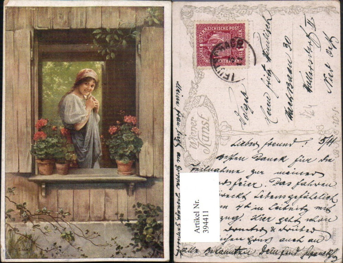 394411,Künstler AK D. Hock Dorfkokette Mädchen Fenster pub B.K.W.I. 1712