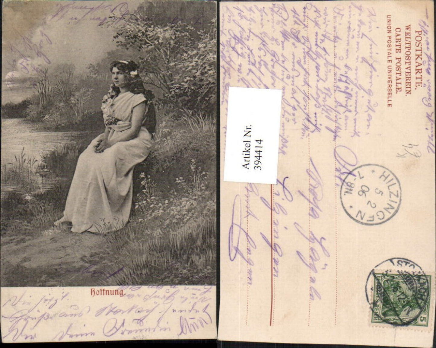 394414,Künstler AK Hoffnung Frau m. Kleid Ufer See Teich