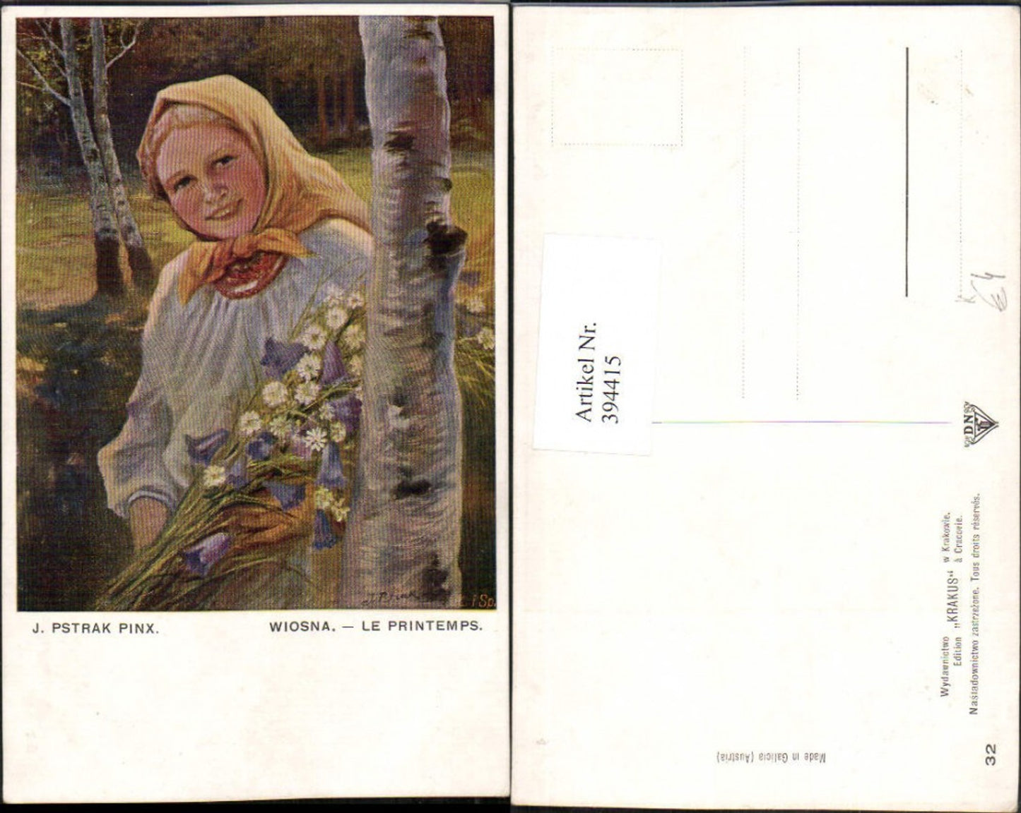 394415,Künstler AK J. Pstrak Wiosna Le Printemps Frau m. Kopftuch Blumen