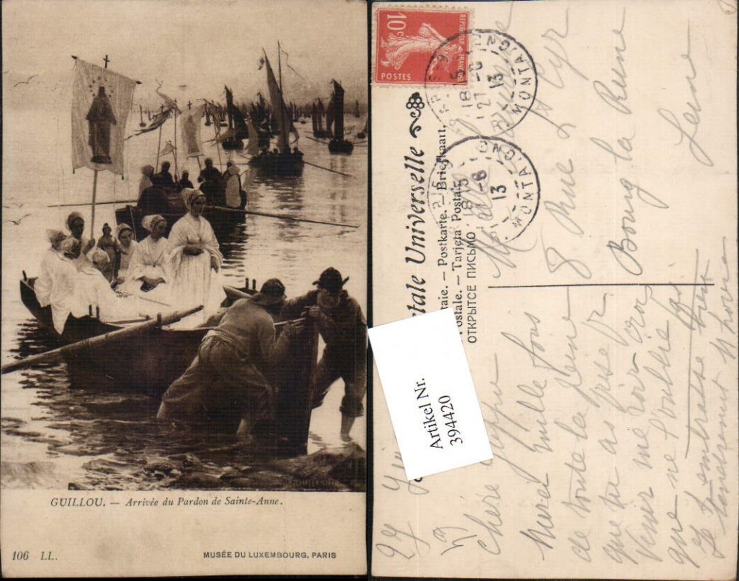 394420,Künstler AK Guillou Arrivee du Pardon de Sainte-Anne Prozession Boote