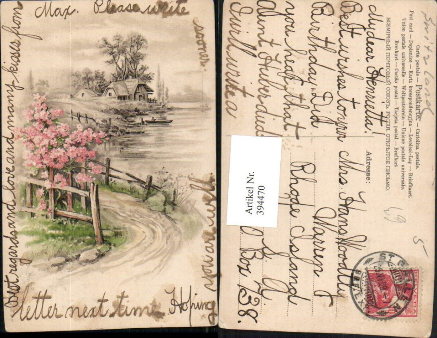 394470,Künstler AK Landschaft Wegpartie Haus Blumen