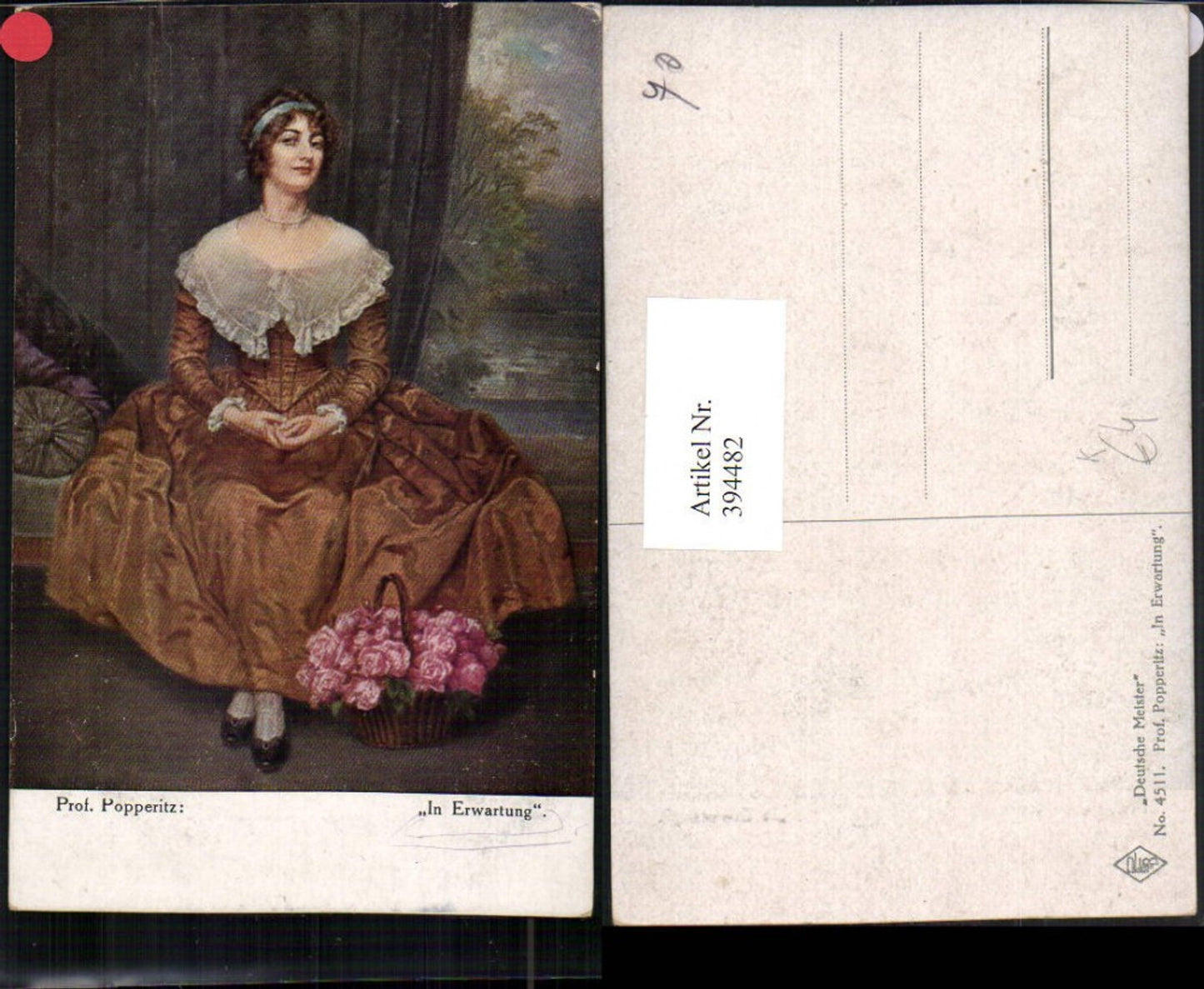 394482,Künstler AK Prof. Popperitz In Erwartung Frau m. Kleid Korb Rosen