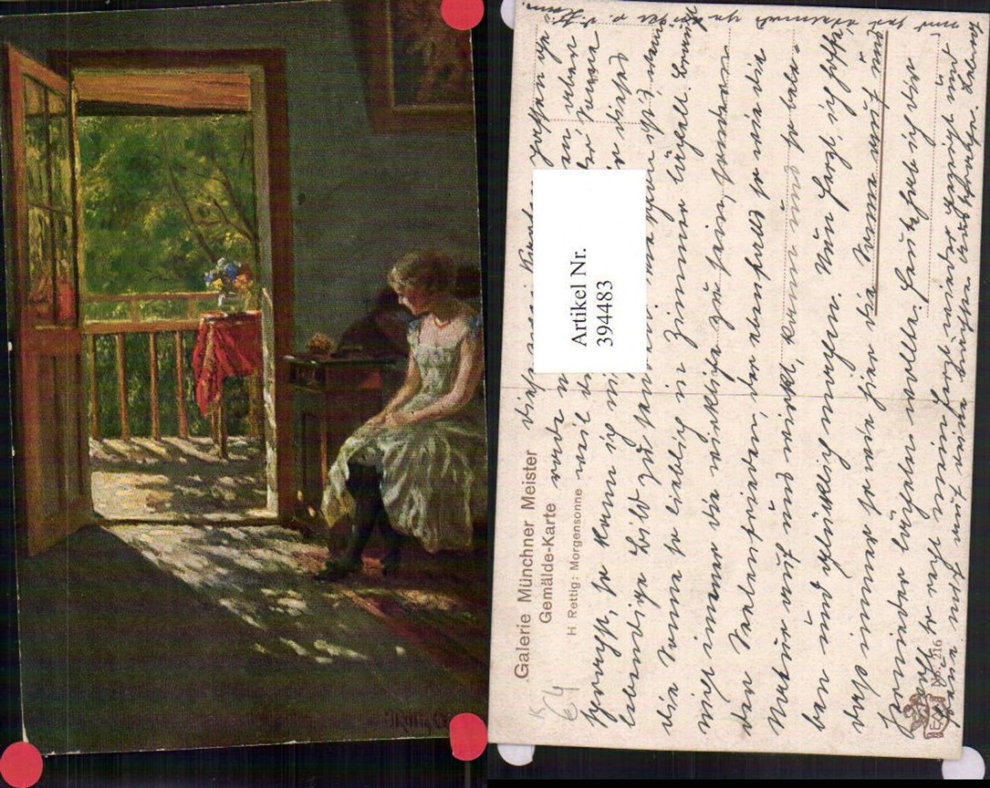 394483,Künstler AK H. Rettig Morgensonne Frau m. Kleid Tür Terrasse