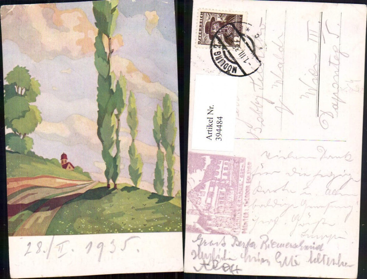 394484,Künstler AK Landschaft Wegpartie Zypressen Kirche