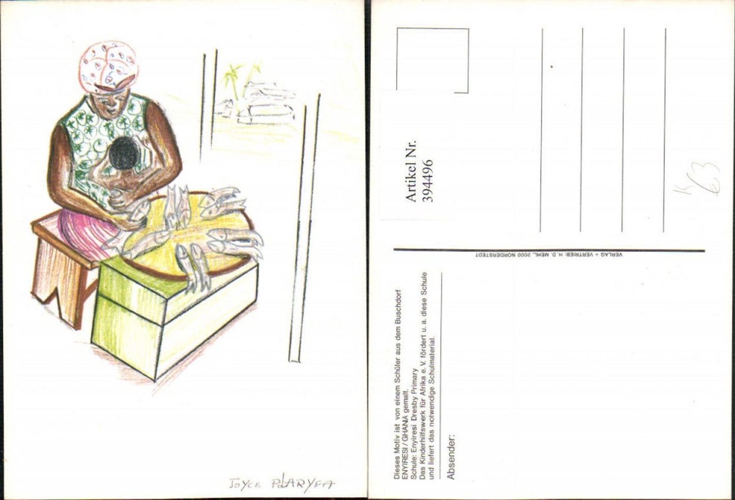 394496,Künstler AK Joyce P. Laryea Ghana Volkstypen Frau Mutter m. Kind Fische