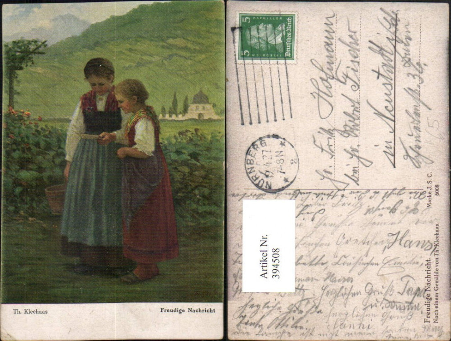 394508,Künstler AK Th. Kleehaas Freudige Nachricht Kinder Tracht Brief