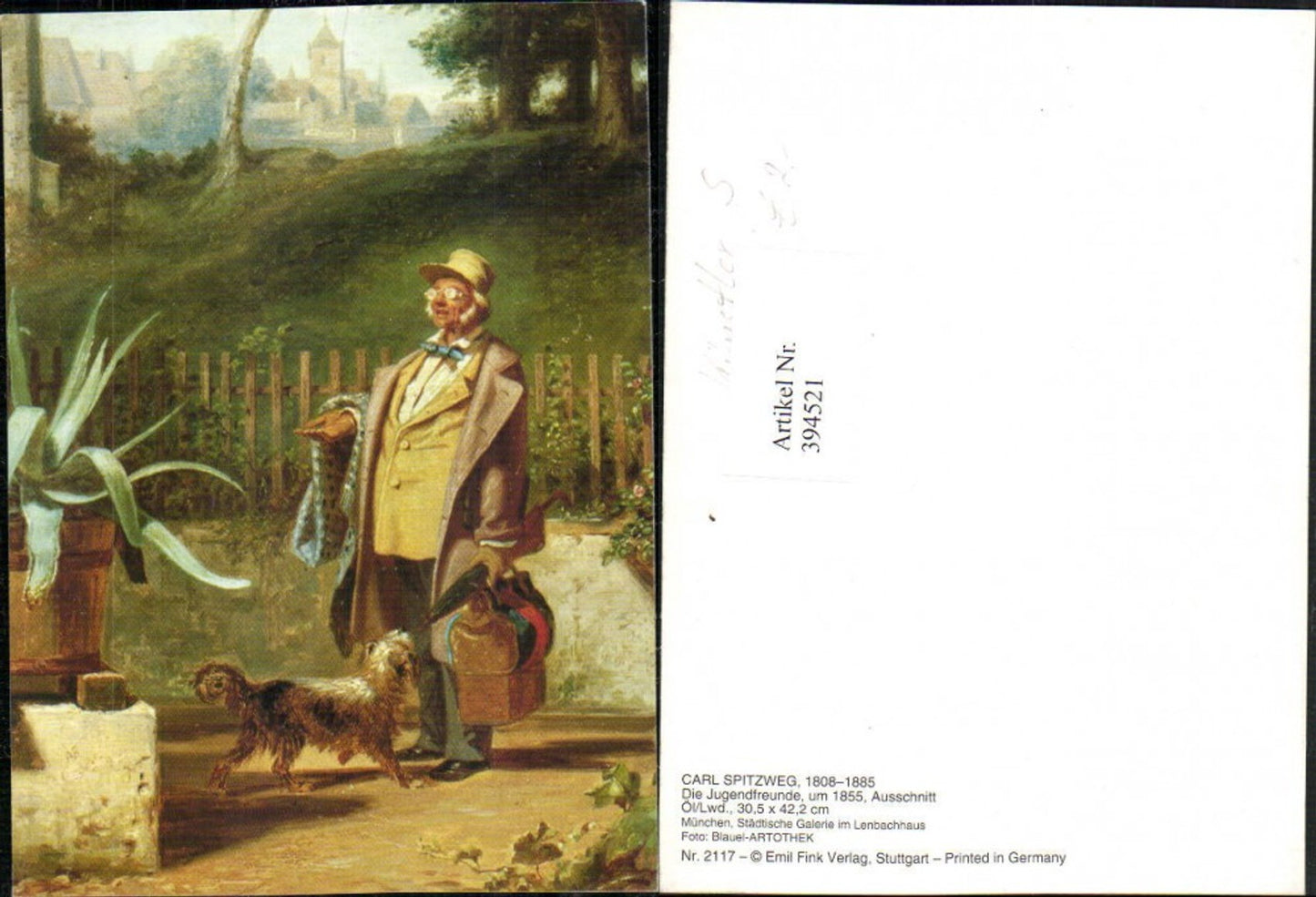 394521,Künstler AK Carl Spitzweg Die Jugendfreunde Mann m. Koffer Hund