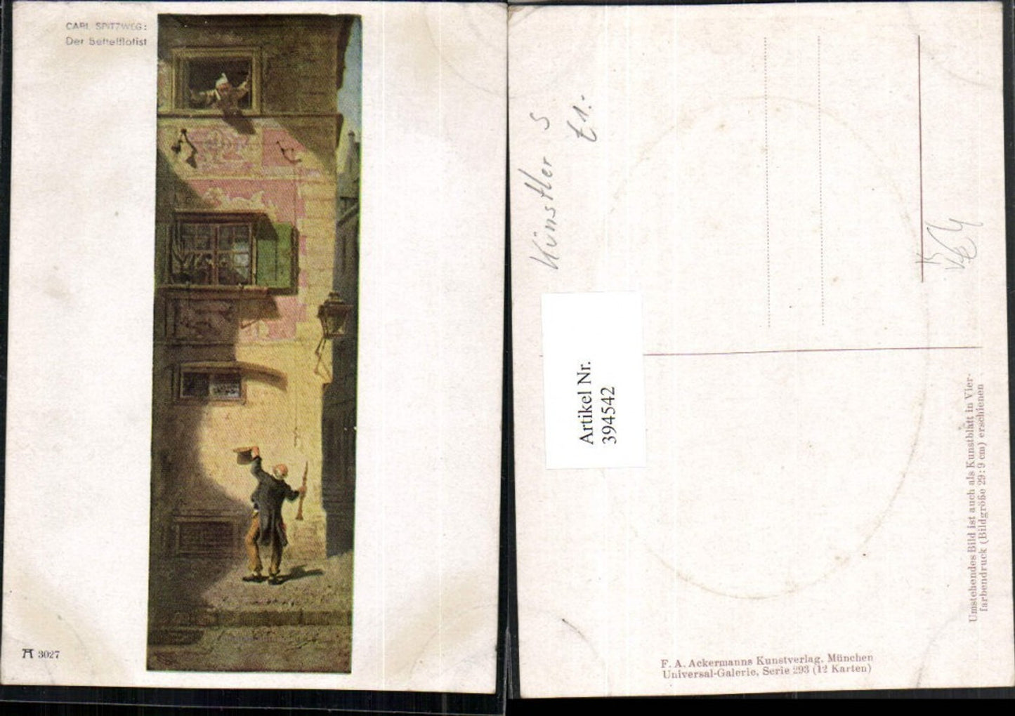 394542,Künstler AK Carl Spitzweg Der Bettelflötist Flöte pub A. Ackermann 3027