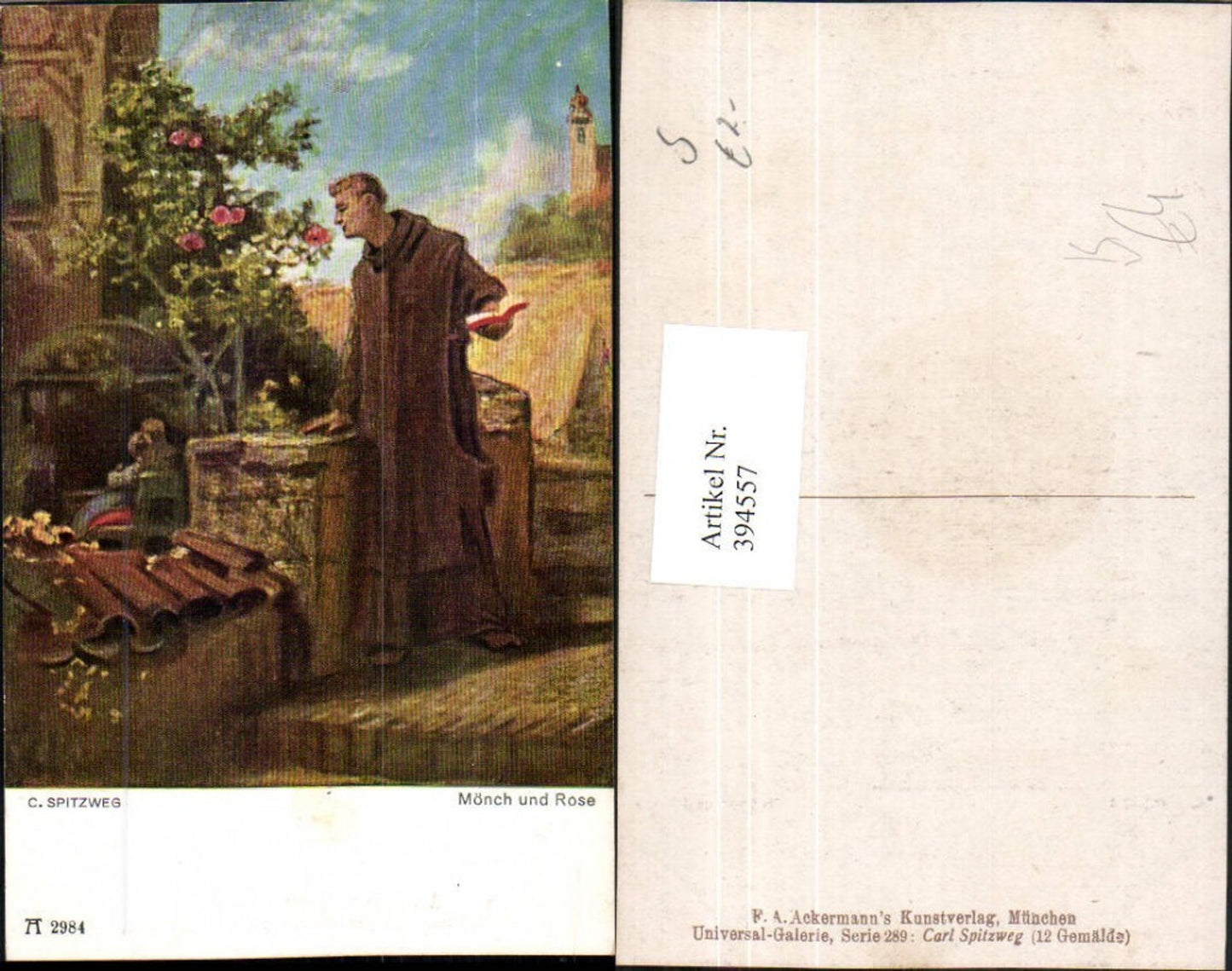 394557,Künstler AK C. Spitzweg Mönch und Rose pub A. Ackermann 2984