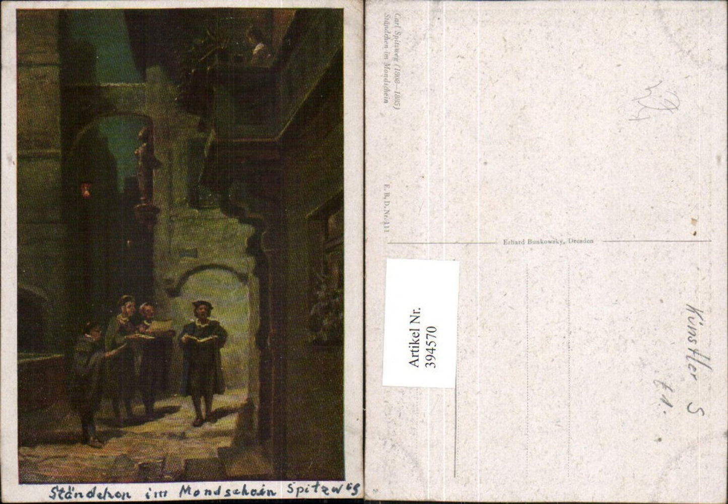 394570,Künstler AK Carl Spitzweg Ständchen im Mondschein Sänger