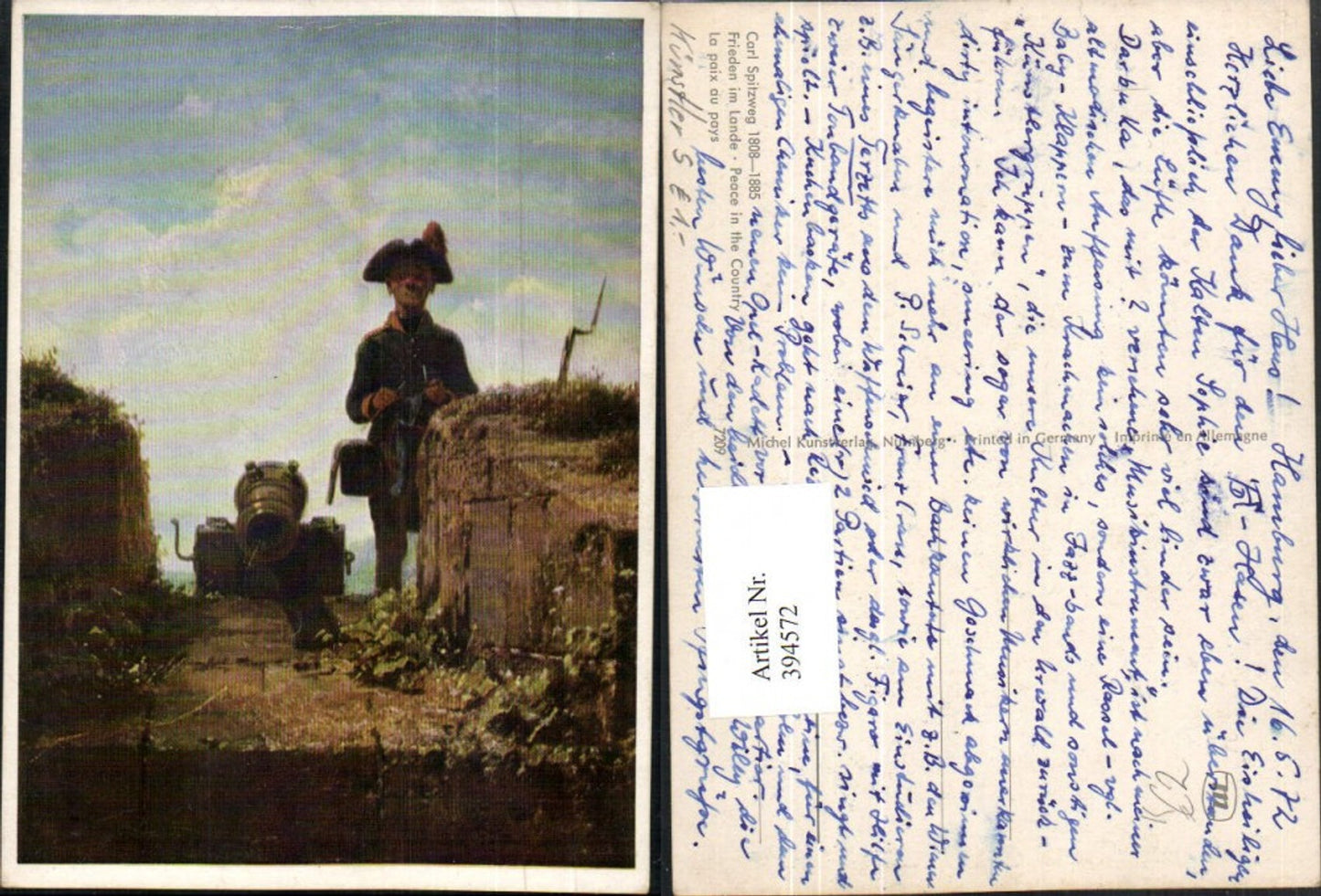394572,Künstler AK Carl Spitzweg Frieden im Lande Kanone