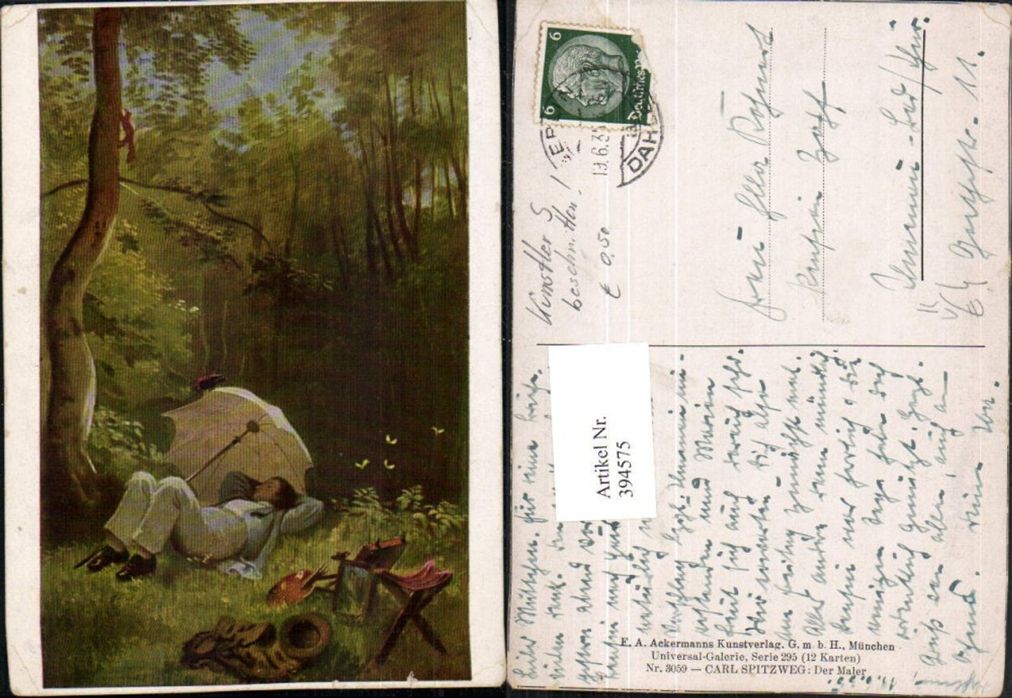 394575,Künstler AK Carl Spitzweg Der Maler schläft Schirm pub A. Ackermann 3059