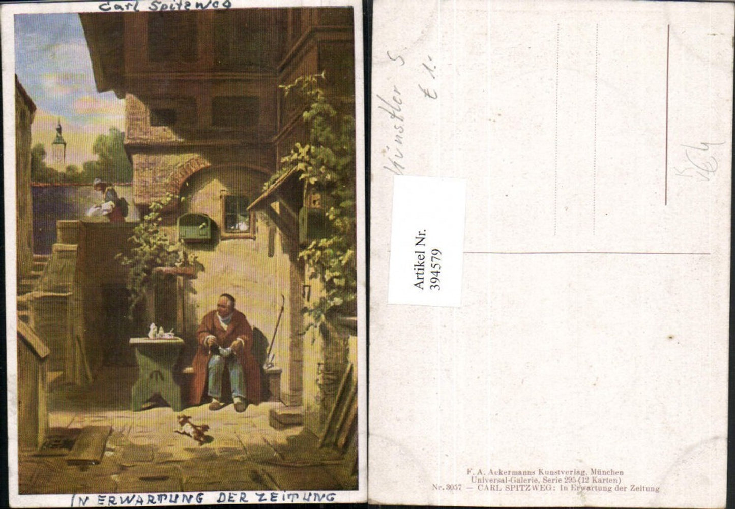 394579,Künstler AK Carl Spitzweg In Erwartung der Zeitung Pfeife pub A. Ackermann 3057