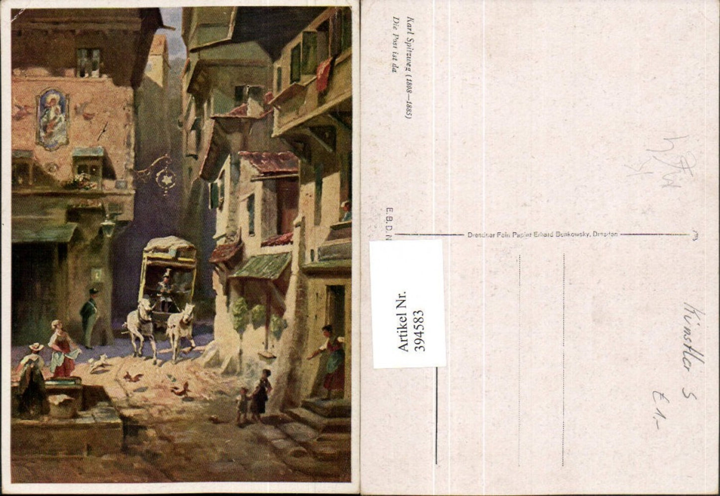 394583,Künstler AK Karl Spitzweg Die Post ist da Postkutsche Kutsche Brunnen