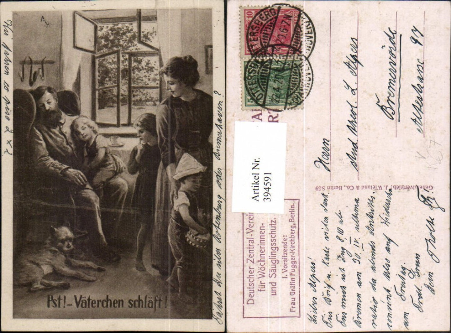 394591,Künstler AK Väterchen schläft Familie Hund pub Deutscher Zentral-Verein f. Säuglingsschutz
