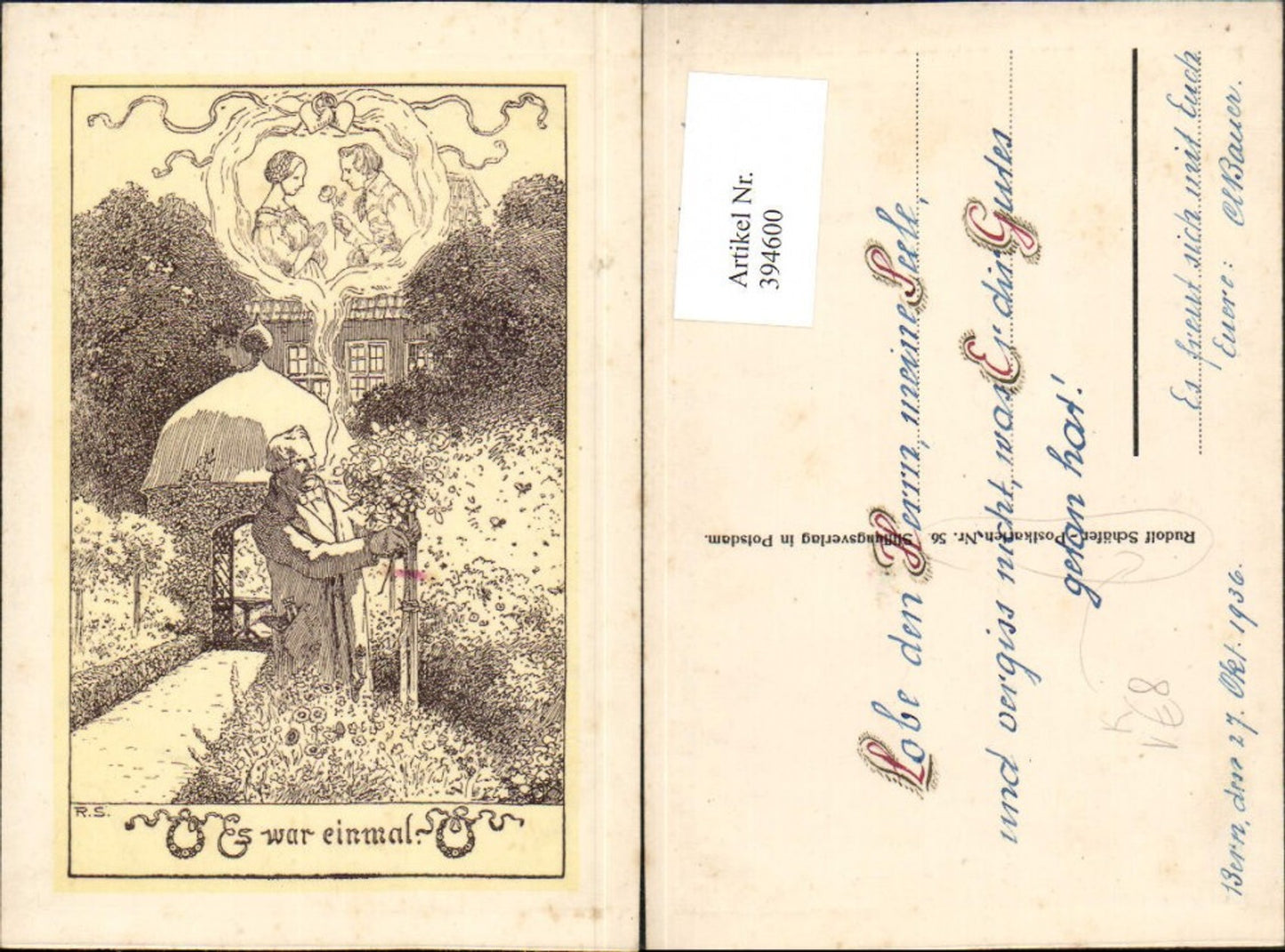 394600,Künstler AK Rudolf Schäfer Es war einmal Mann Garten Blumen pub Stiftungsverlag 56