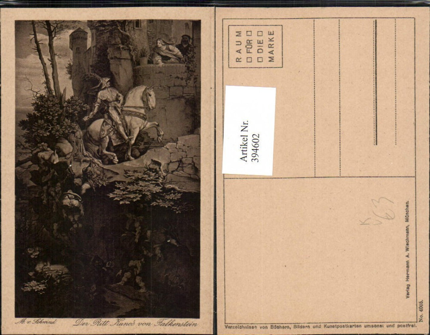 394602,Künstler AK M. v. Schwind Der Ritt Kunos von Falkenstein Ritter pub A. Wiechmann 4005