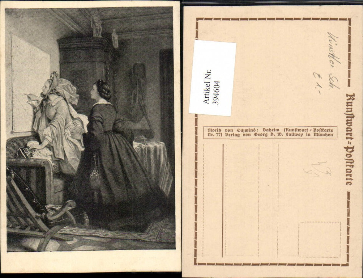 394604,Künstler AK Moritz v. Schwind Daheim Frauen m. Kleider pub Georg Callwey 77