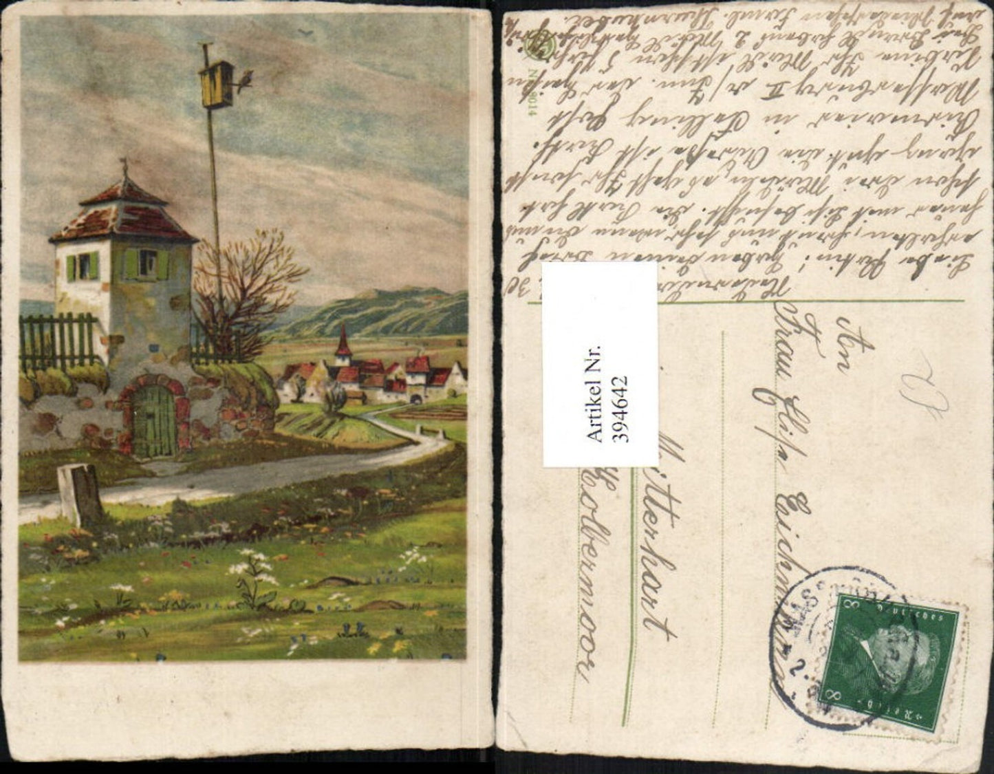 394642,Künstler AK Landschaft Wegpartie Turm Vogelhaus Dorf