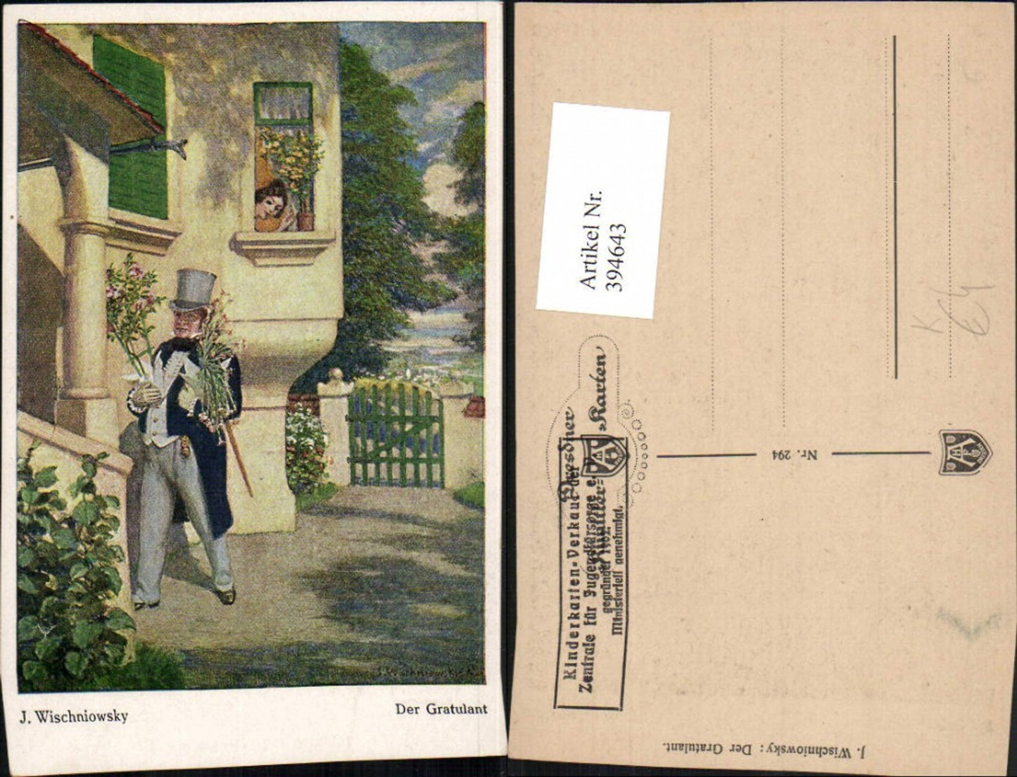 394643,Künstler AK J. Wischniowsky Der Gratulant Mann m. Zylinder Blumen