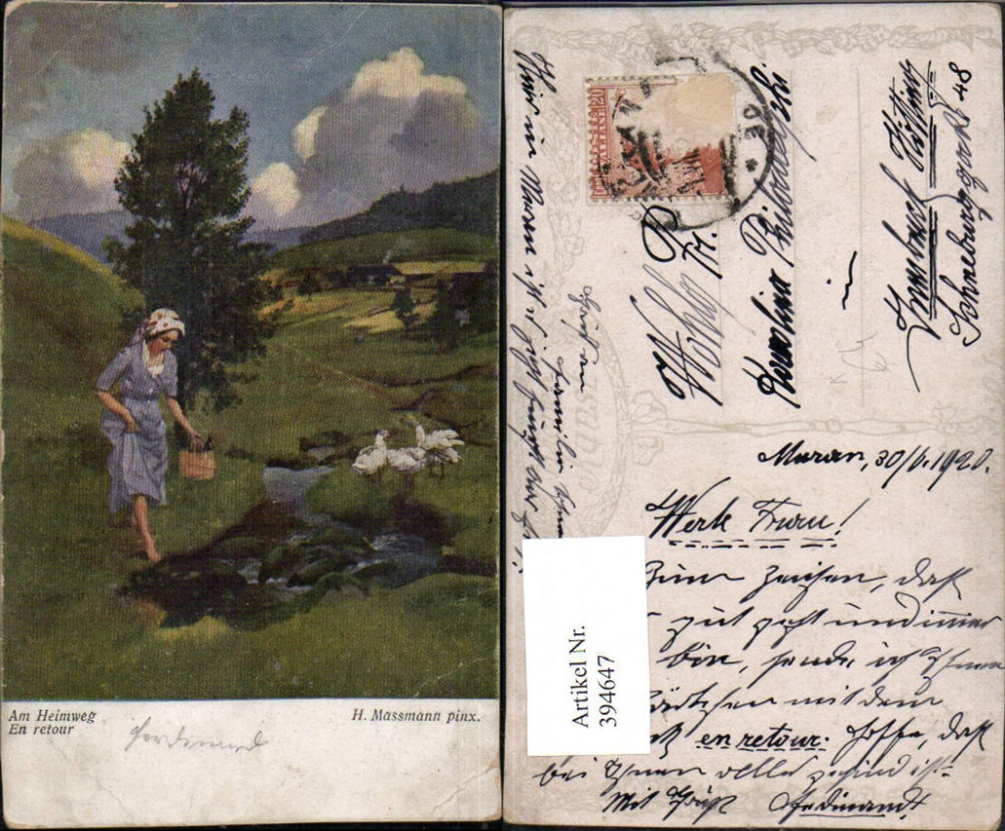 394647,Künstler AK H. Massmann Am Heimweg Frau Bach Gänse pub B.K.W.I.