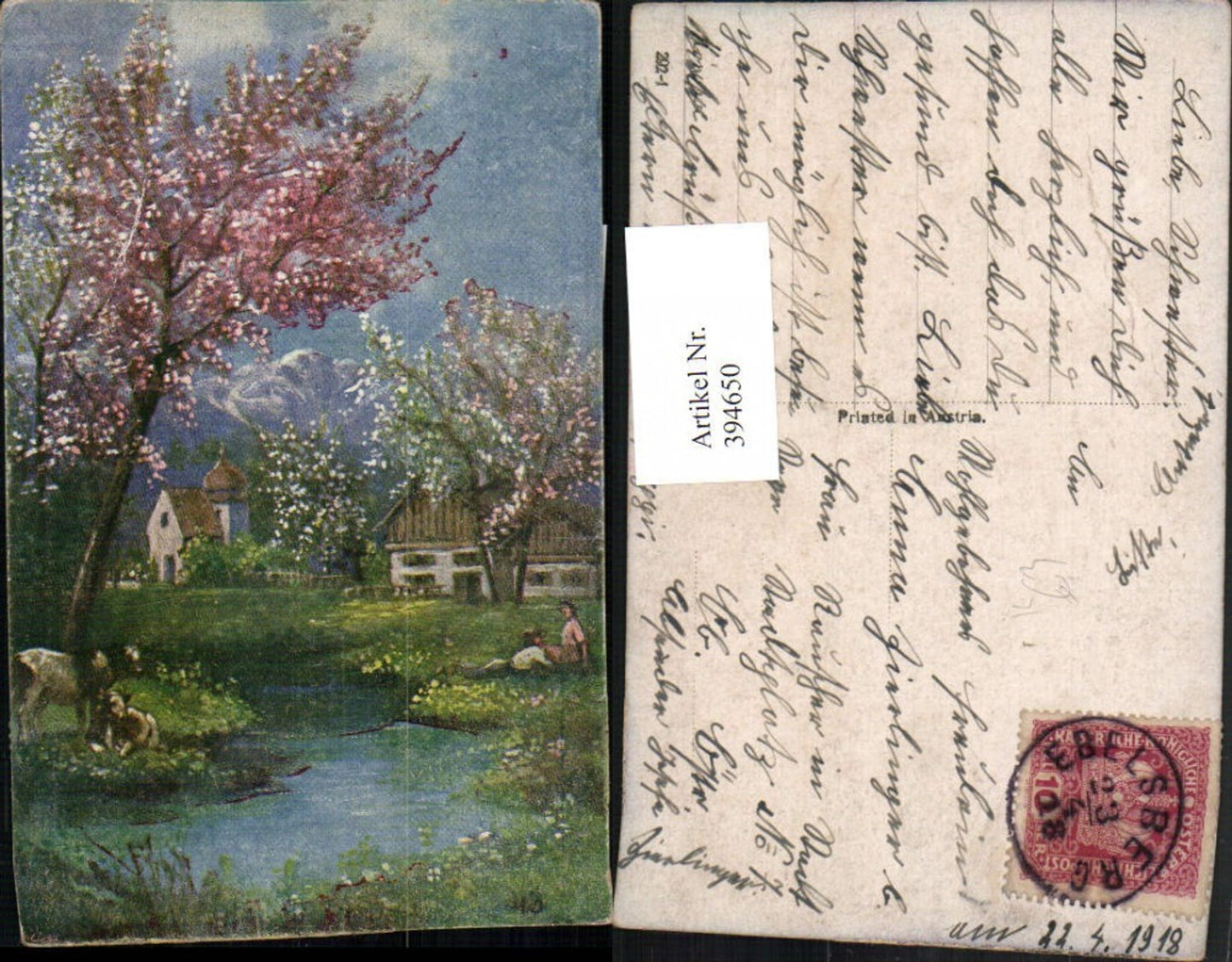394650,Künstler AK Landschaft Bach Kühe Kirche Baumblüte Bergkulisse