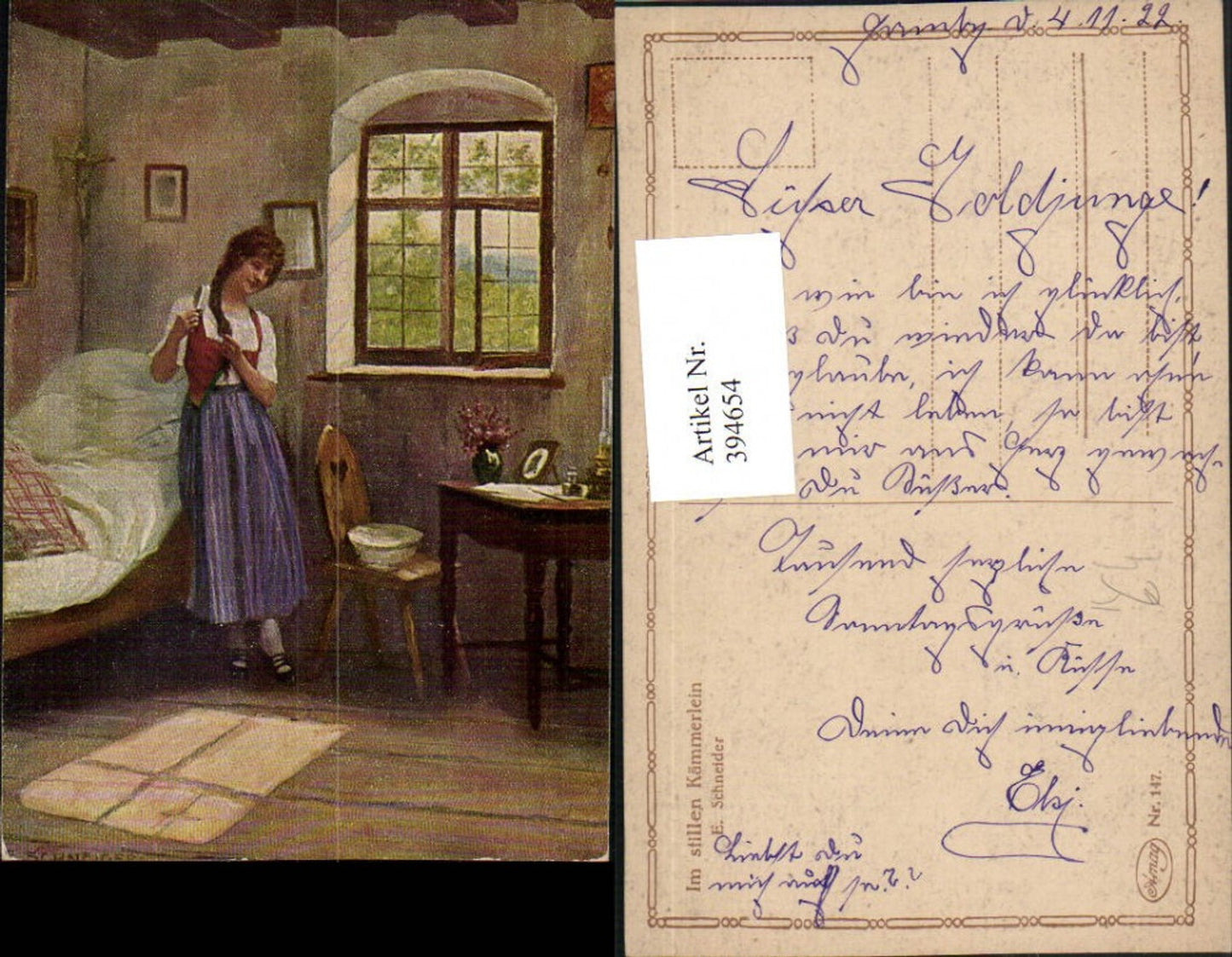 394654,Künstler AK E. Schneider Im stillen Kämmerlein Frau in Tracht Kamm Bett