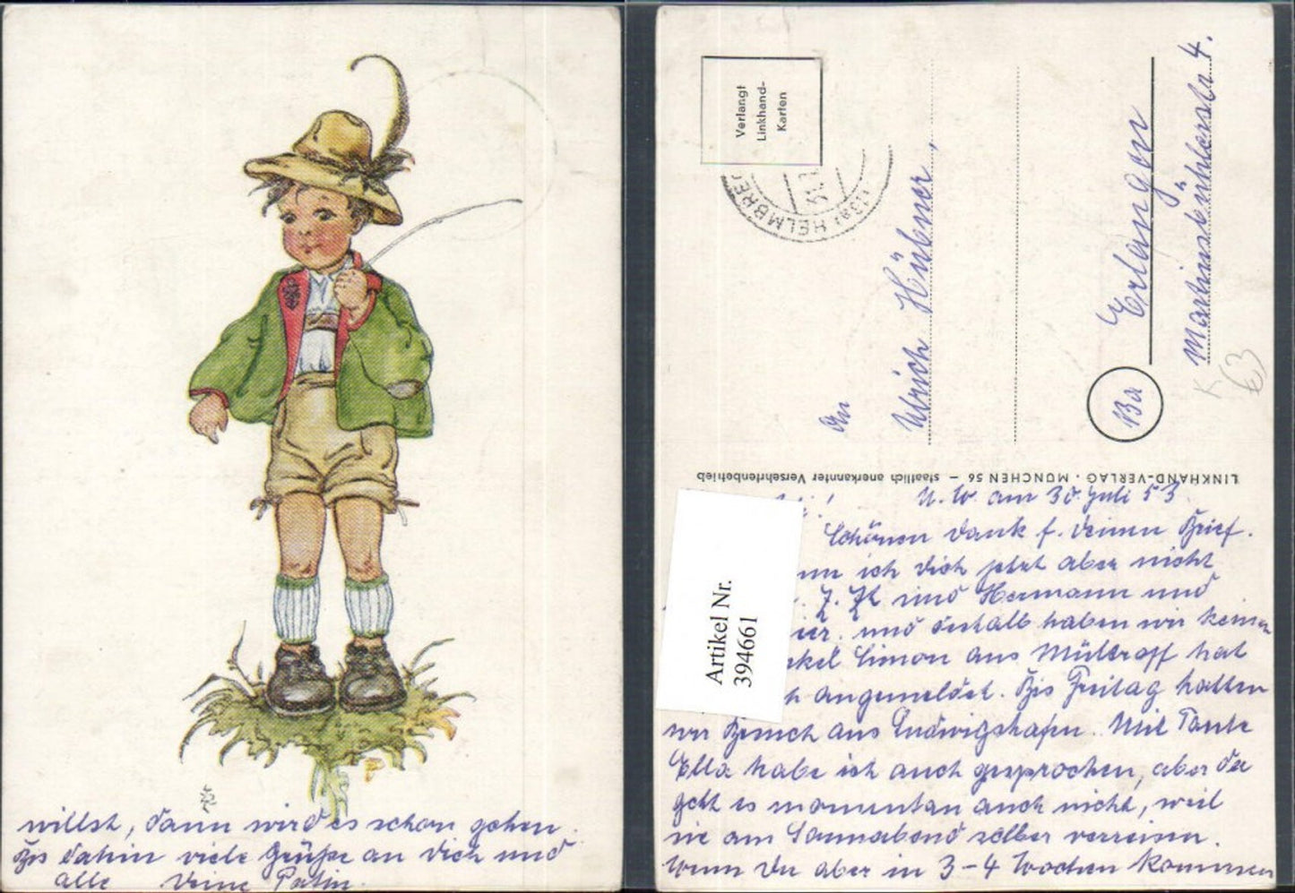 394661,Künstler AK Junge Bub in Tracht Federhut Hut