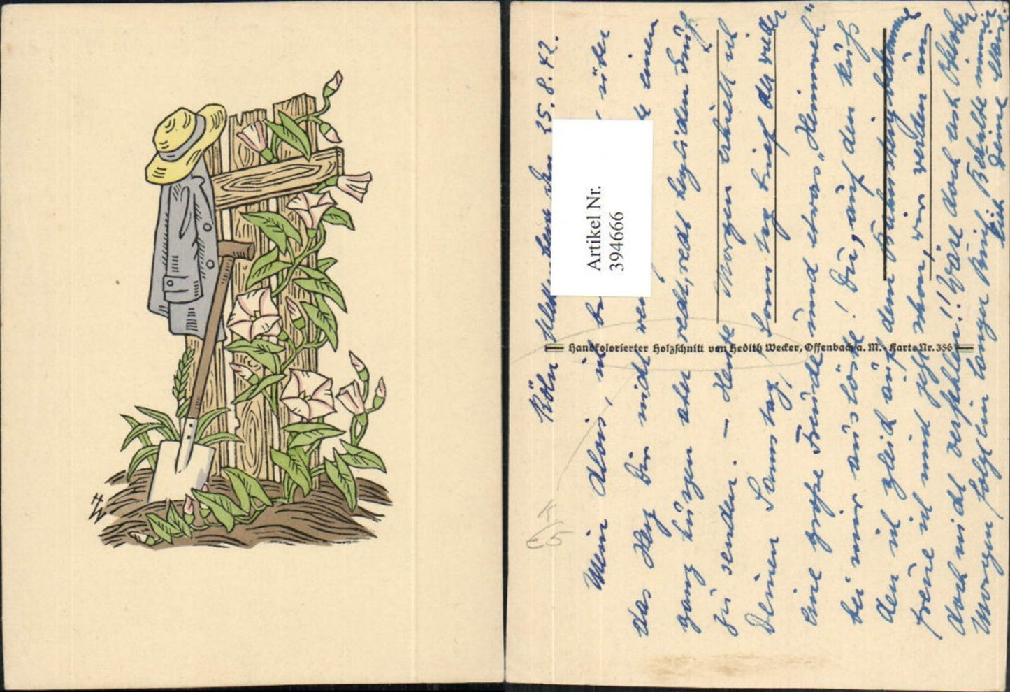 394666,Künstler AK Handkolorierter Holzschnitt Hedith Weker Zaun Schaufel Hut Blumen