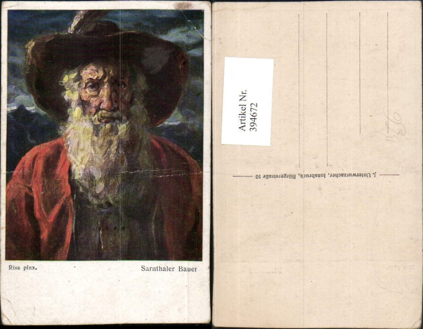394672,Künstler AK Riss Sarnthaler Bauer Mann m. Federhut Bart Portrait