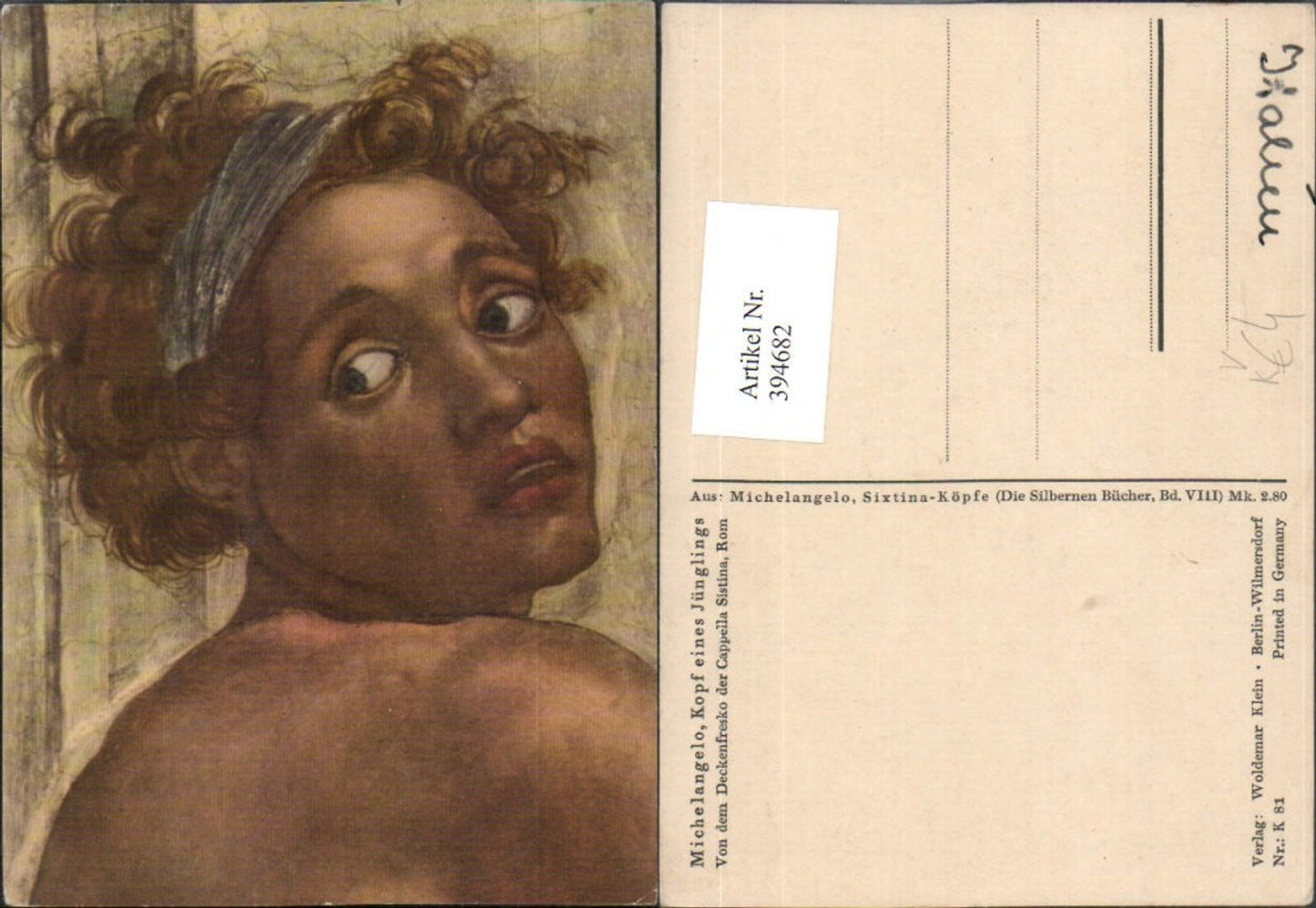 394682,Künstler AK Michelangelo Kopf eines Jünglings Portrait pub Woldemar Klein 81
