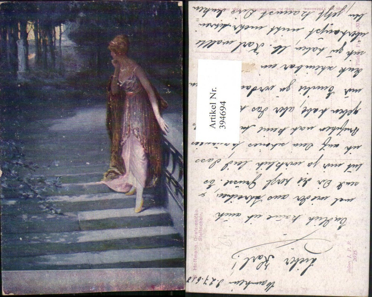 394694,Künstler AK G. Hoffmann Stelldichein Frau m. Kleid Stiege