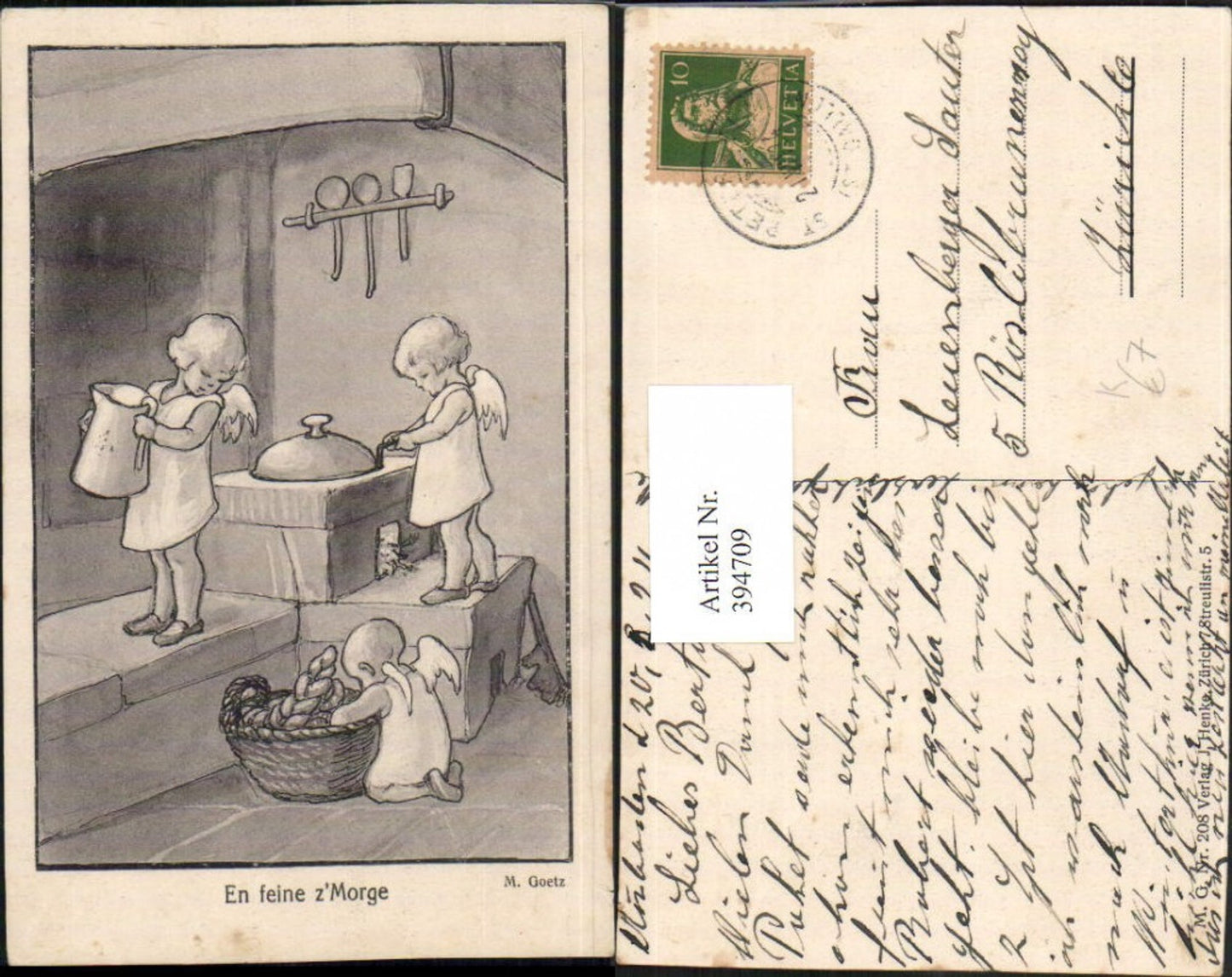 394709,Künstler AK M. Goetz En feine z'Morge Engeln Küche Korb Zopf Krug