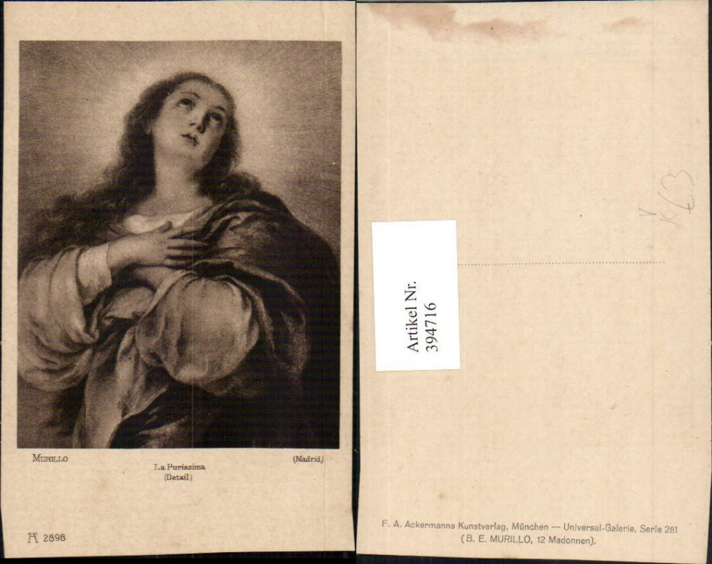 394716,Künstler AK Murillo La Purissima Heilige pub A. Ackermann 2898