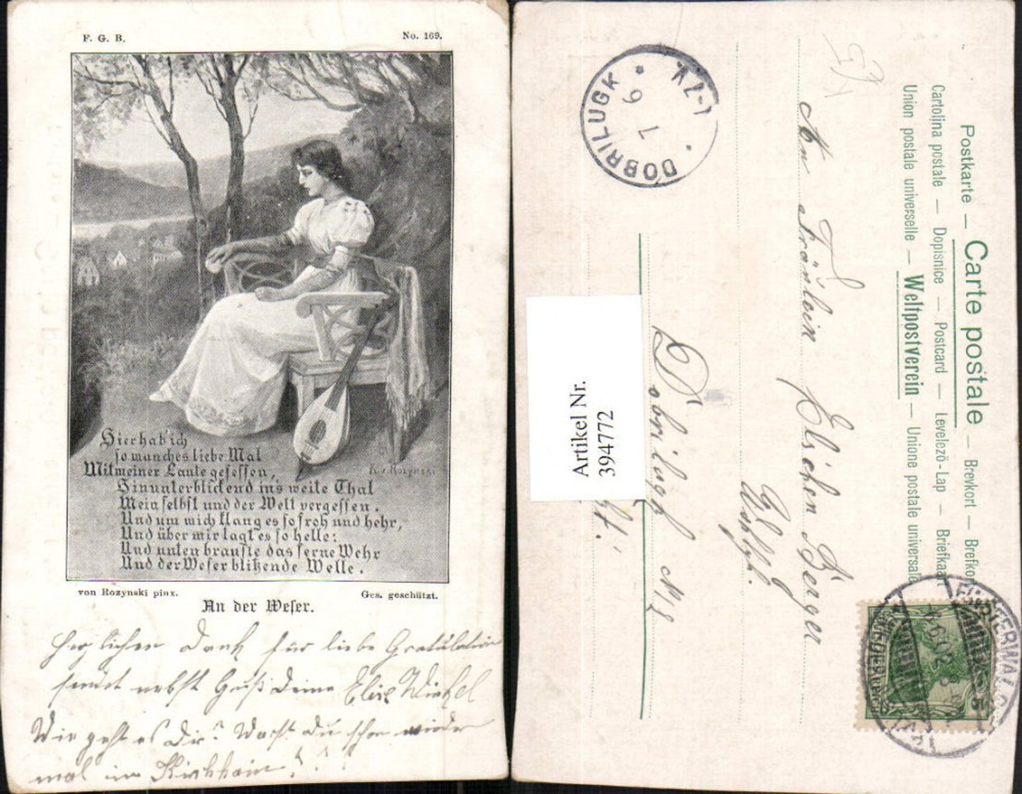 394772,Künstler AK K. v. Rozynski An der Weser Frau m. Kleid Bank Mandoline Text Spruch