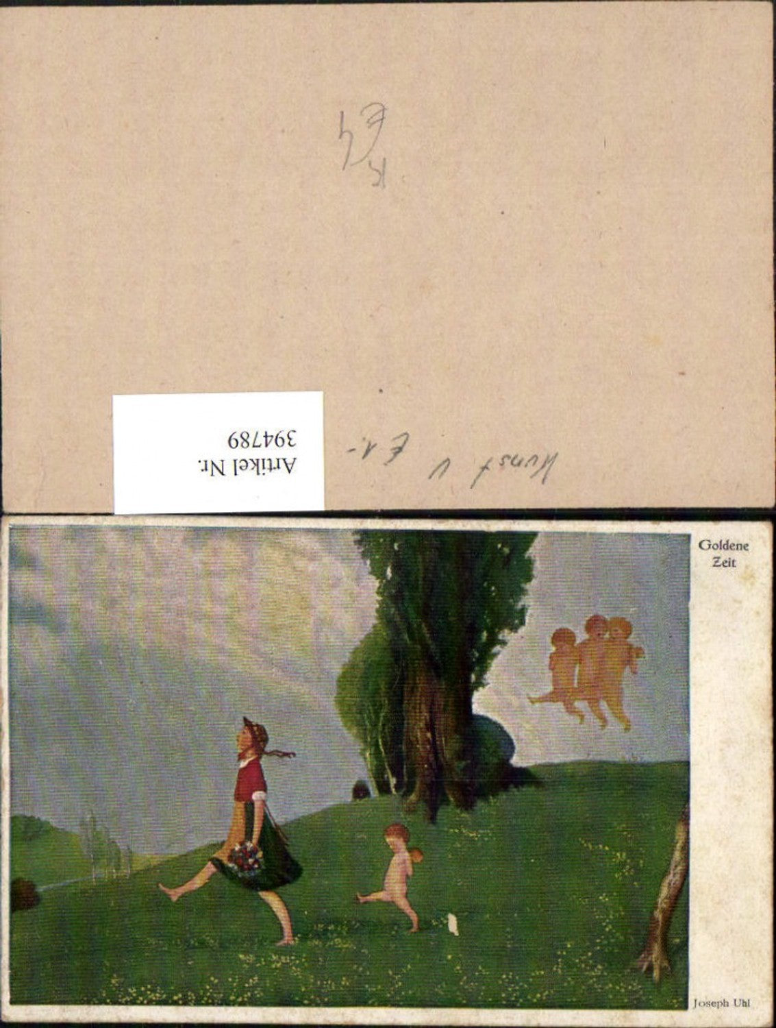 394789,Künstler AK Joseph Uhl Goldene Zeit Landschaft Frau Blumen Engeln