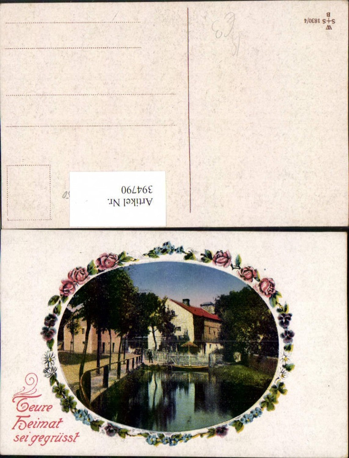 394790,Künstler AK Teure Heimat sei gegrüßt Fluss Haus Passepartout Blumen