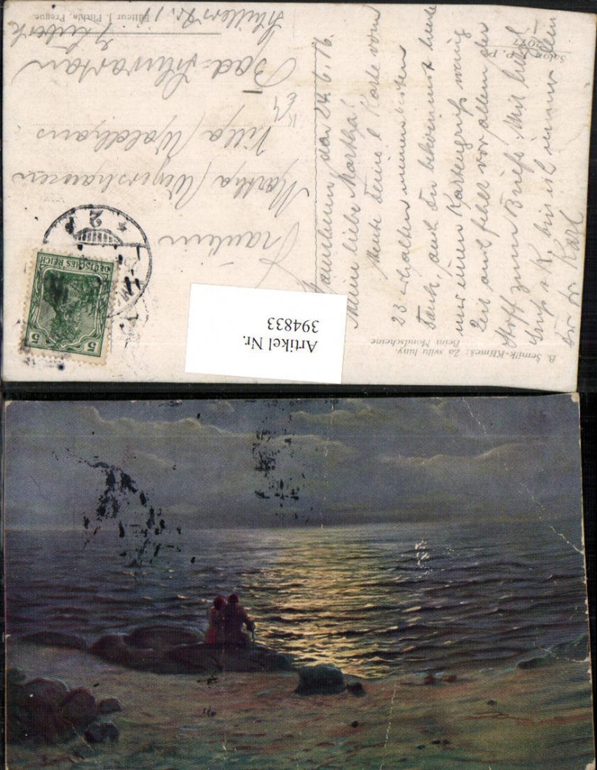 394833,Künstler AK B. Semilk-Klimes Beim Mondscheine Küste Liebe Paar