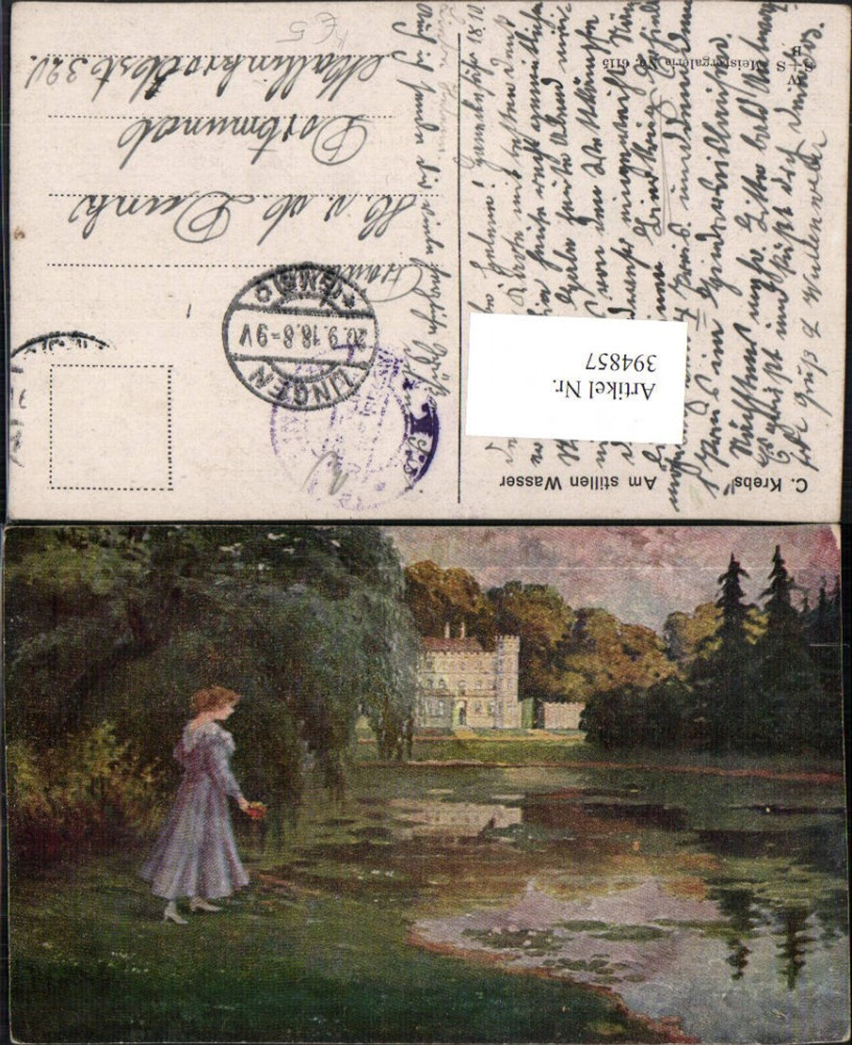 394857,Künstler AK C. Krebs Am stillen Wasser Frau m. Kleid Teich Schloss