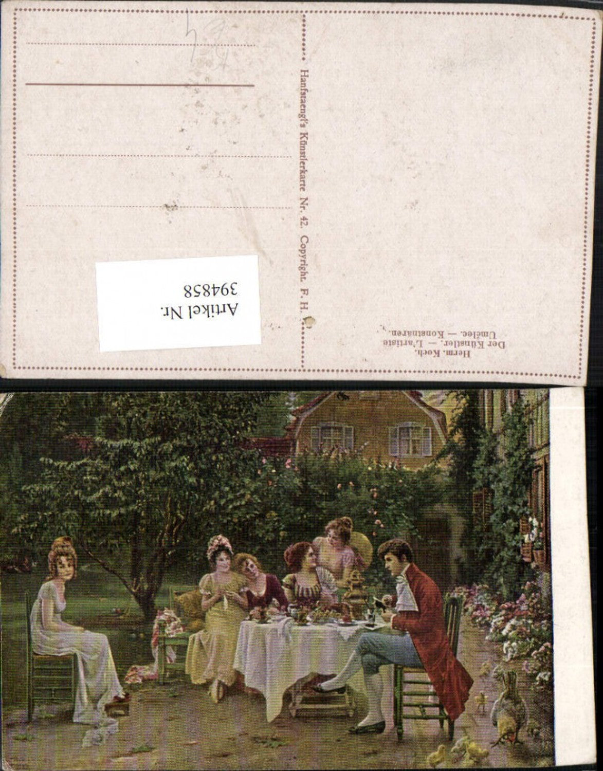 394858,Künstler AK Herm. Koch Der Künstler Tischrunde Garten Küken