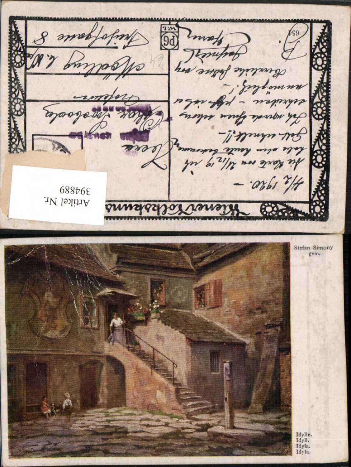 394889,Künstler AK Stefan Simony Idylle Haus Hof Stiege